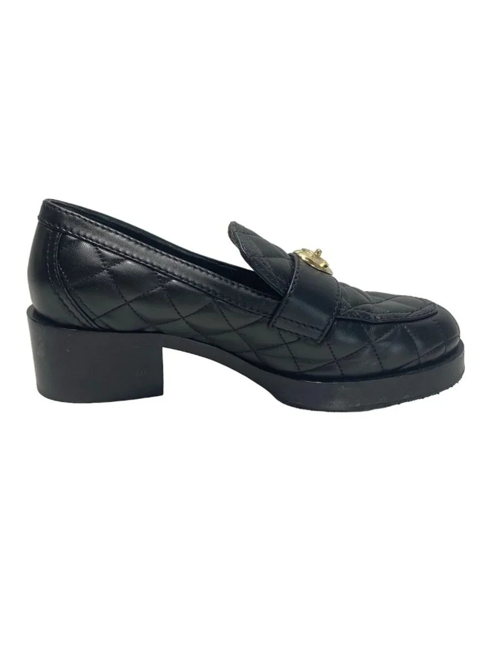 Chanel Loafers Quilted Black Heart Turnlock Gold Platforms